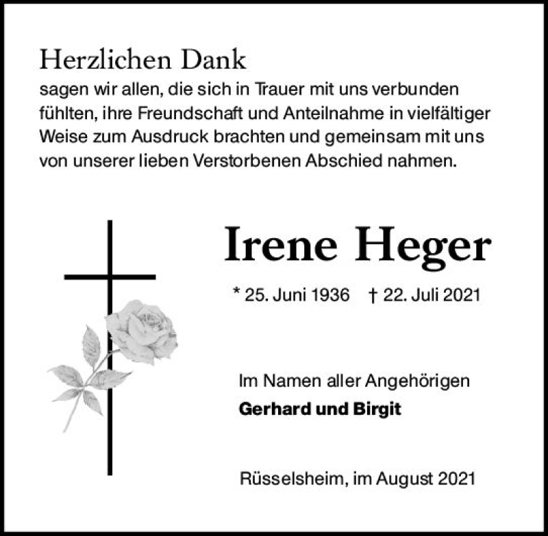  Traueranzeige für Irene Heger vom 07.08.2021 aus vrm-trauer