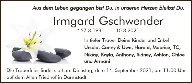  Traueranzeige für Irmgard Gschwender vom 28.08.2021 aus vrm-trauer