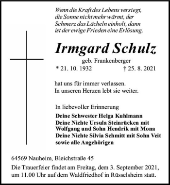 Traueranzeige von Irmgard Schulz von vrm-trauer