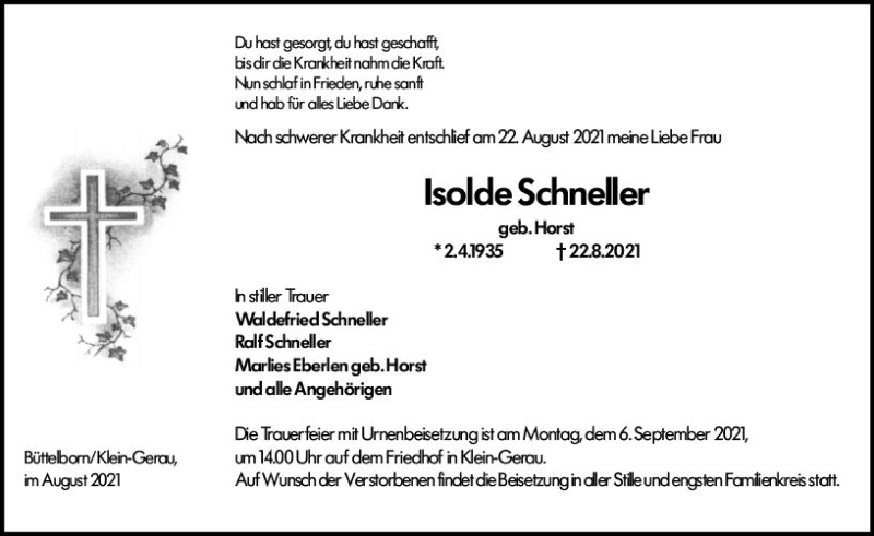  Traueranzeige für Isolde Schneller vom 28.08.2021 aus vrm-trauer