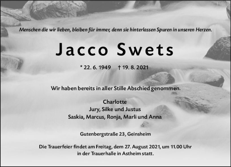  Traueranzeige für Jacco Swets vom 25.08.2021 aus vrm-trauer