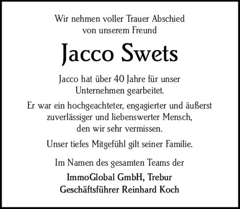  Traueranzeige für Jacco Swets vom 27.08.2021 aus vrm-trauer