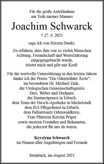 Traueranzeige von Joachim Schwarck von vrm-trauer
