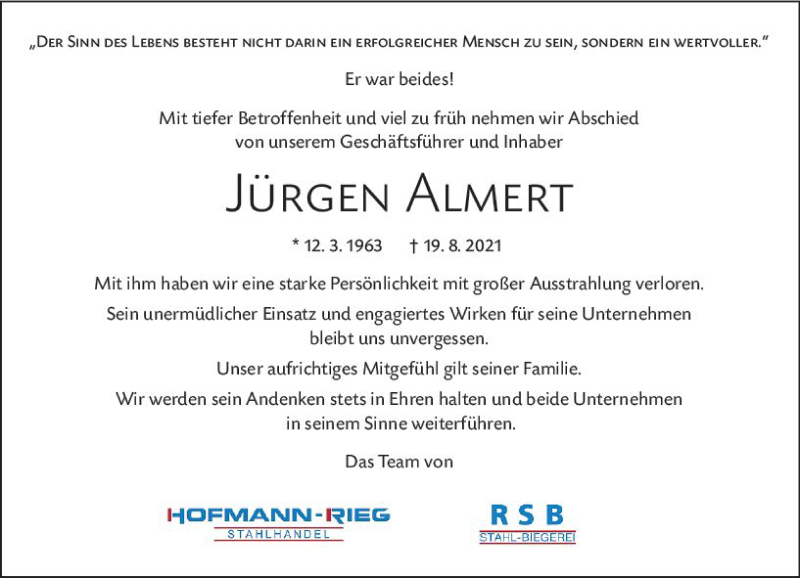  Traueranzeige für Jürgen Almert vom 28.08.2021 aus vrm-trauer