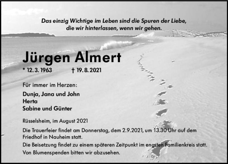  Traueranzeige für Jürgen Almert vom 28.08.2021 aus vrm-trauer