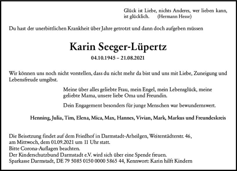  Traueranzeige für Karin Seeger-Lüpertz vom 28.08.2021 aus vrm-trauer