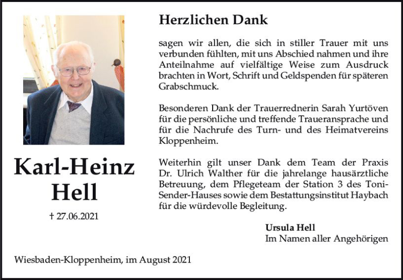  Traueranzeige für Karl-Heinz Hell vom 07.08.2021 aus vrm-trauer