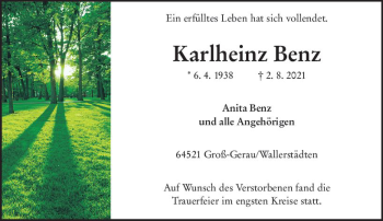 Traueranzeige von Karlheinz Benz von vrm-trauer