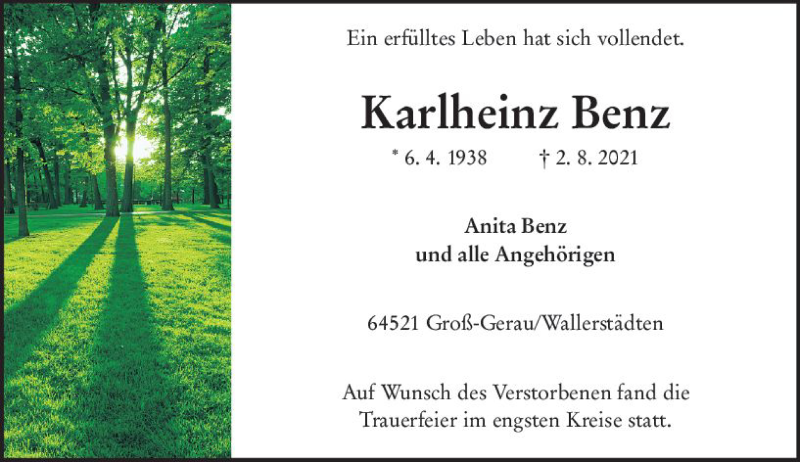  Traueranzeige für Karlheinz Benz vom 14.08.2021 aus vrm-trauer