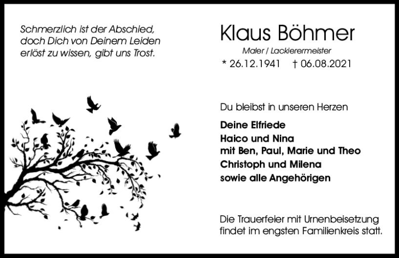 Traueranzeige für Klaus Böhmer vom 14.08.2021 aus vrm-trauer