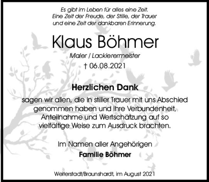 Traueranzeige für Klaus Böhmer vom 28.08.2021 aus vrm-trauer