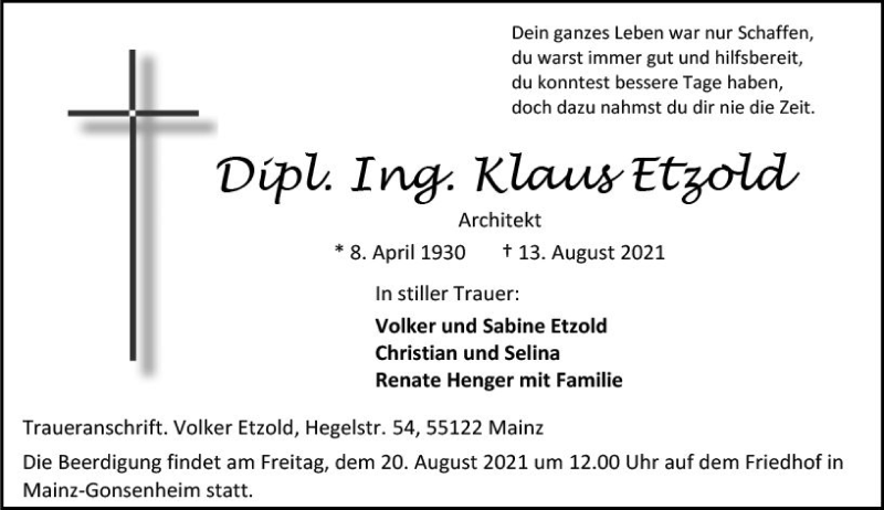  Traueranzeige für Klaus Etzold vom 18.08.2021 aus vrm-trauer