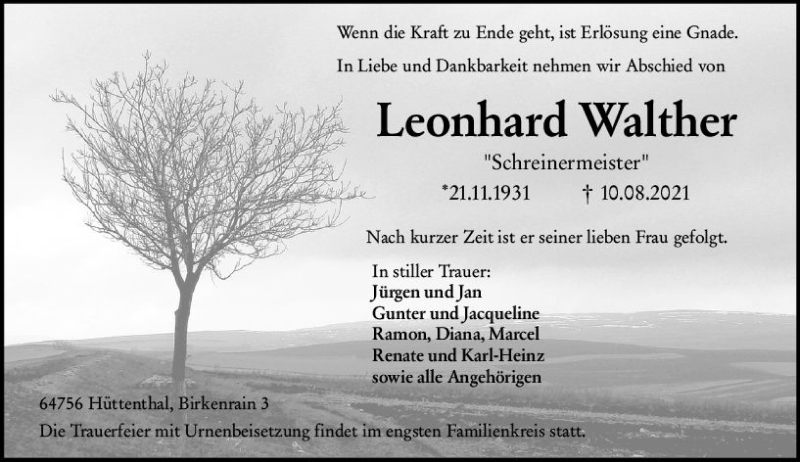  Traueranzeige für Leonhard Walther vom 14.08.2021 aus vrm-trauer