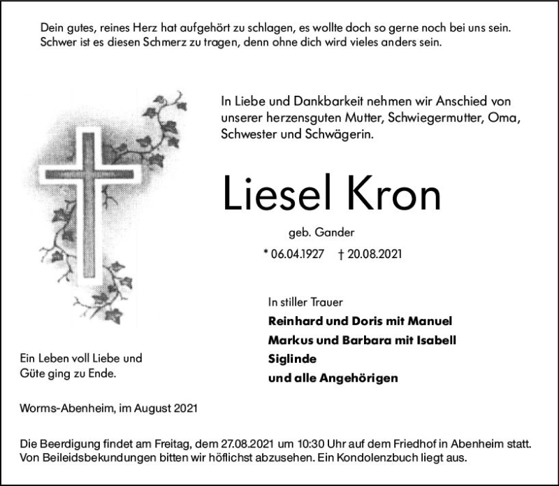  Traueranzeige für Liesel Kron vom 25.08.2021 aus vrm-trauer
