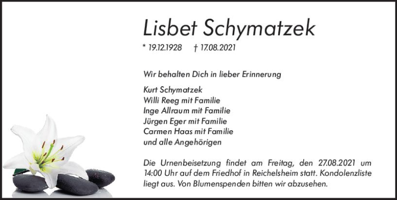  Traueranzeige für Lisbet Schymatzek vom 25.08.2021 aus vrm-trauer