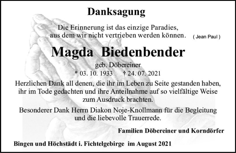  Traueranzeige für Magda Biedenbender vom 28.08.2021 aus vrm-trauer