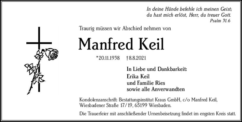  Traueranzeige für Manfred Keil vom 18.08.2021 aus vrm-trauer