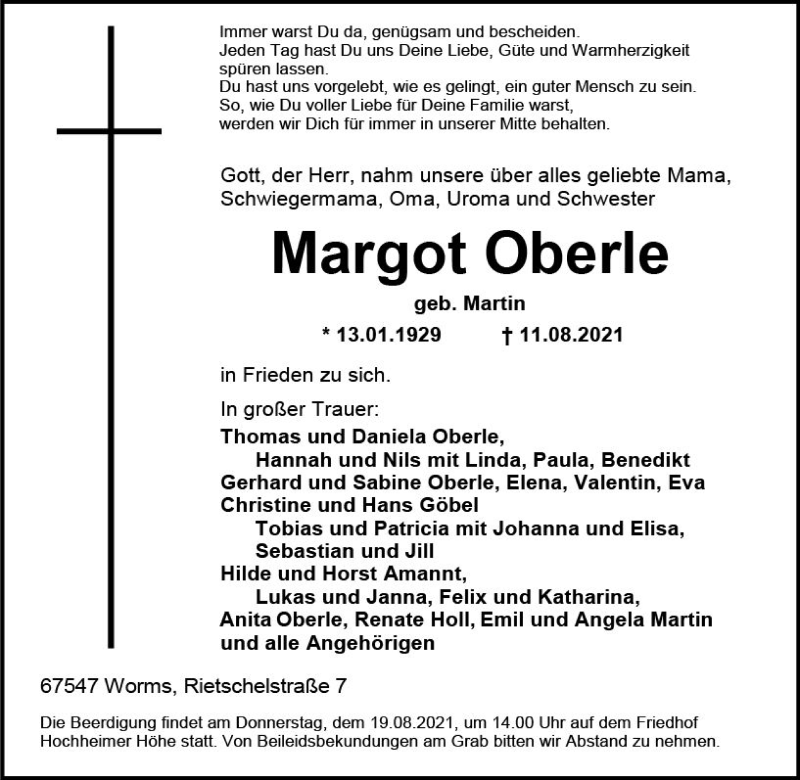  Traueranzeige für Margot Oberle vom 16.08.2021 aus vrm-trauer