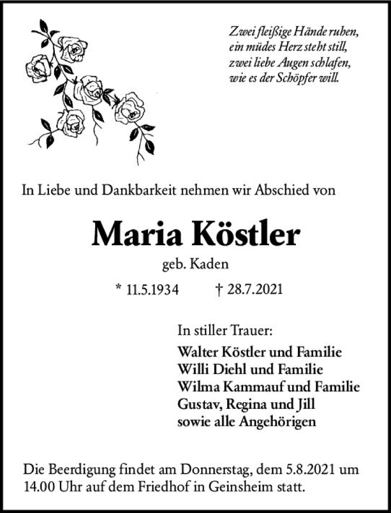  Traueranzeige für Maria Köstler vom 02.08.2021 aus vrm-trauer