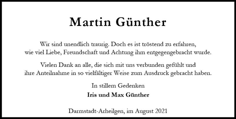  Traueranzeige für Martin Günther vom 14.08.2021 aus vrm-trauer