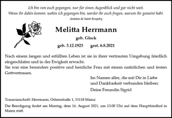 Traueranzeige von Melitta Herrmann von vrm-trauer