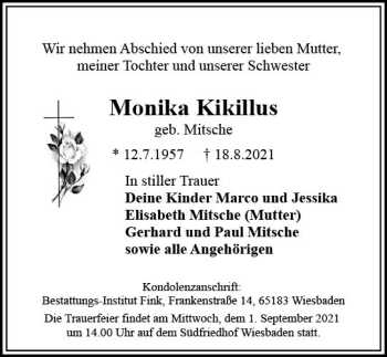 Traueranzeige von Monika Kikillus von vrm-trauer