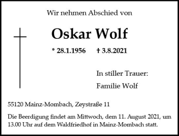 Traueranzeige von Oskar Wolf von vrm-trauer