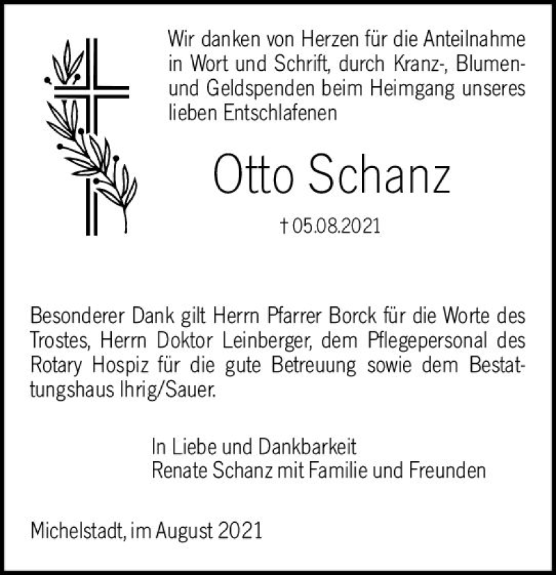  Traueranzeige für Otto Schanz vom 21.08.2021 aus vrm-trauer