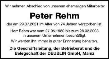 Traueranzeige von Peter Rehm von vrm-trauer