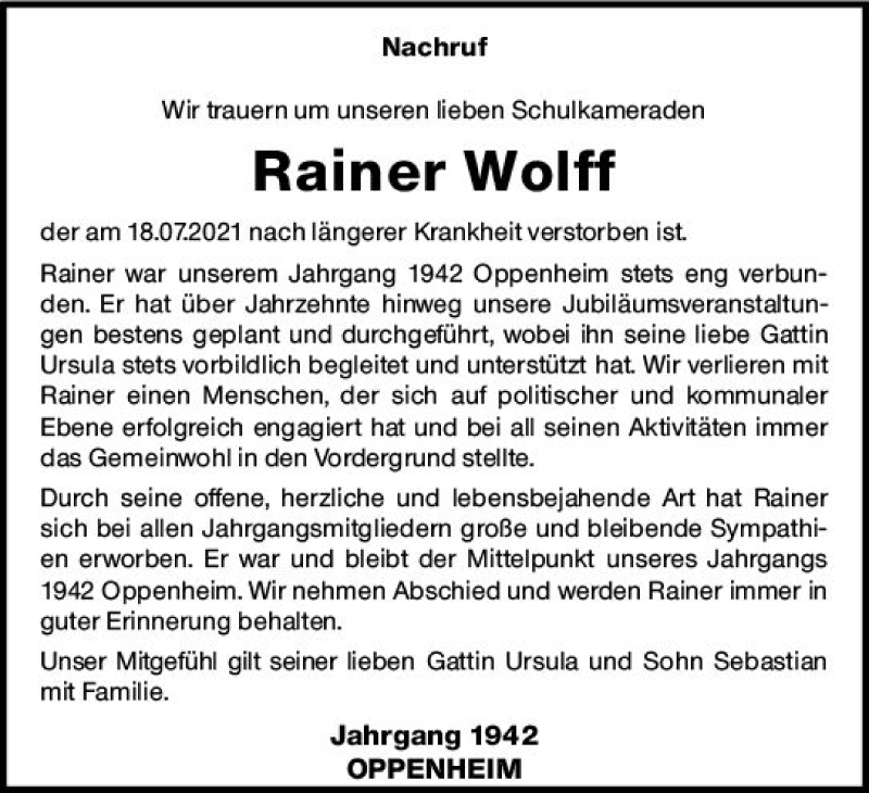  Traueranzeige für Rainer Wolff vom 07.08.2021 aus vrm-trauer