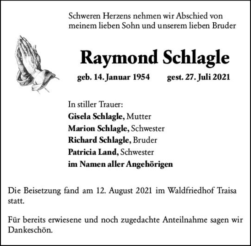  Traueranzeige für Raymond Schlagle vom 21.08.2021 aus vrm-trauer