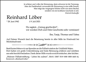 Traueranzeige von Reinhard Löber von vrm-trauer