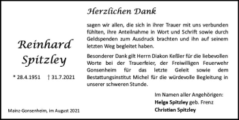 Traueranzeige von Reinhard Spitzley von vrm-trauer