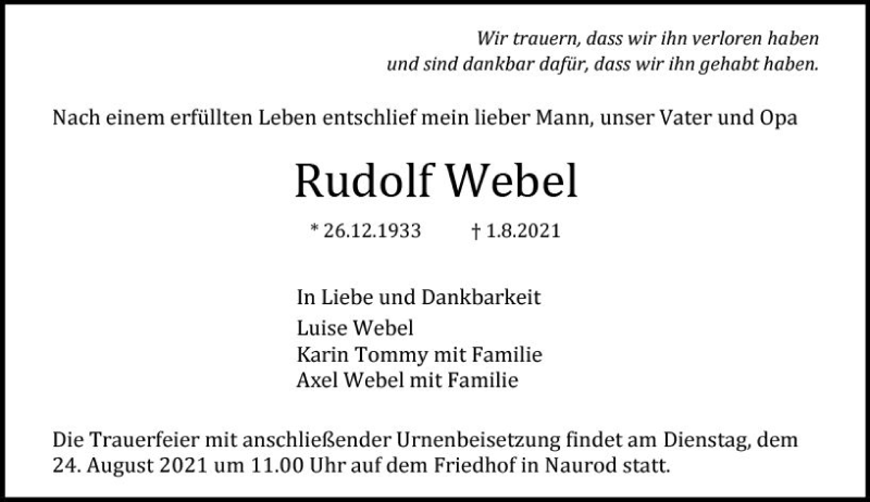  Traueranzeige für Rudolf Webel vom 07.08.2021 aus vrm-trauer