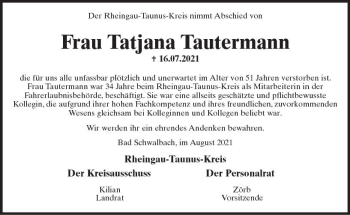 Traueranzeige von Tatjana Tautermann von vrm-trauer