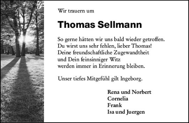  Traueranzeige für Thomas Sellmann vom 07.08.2021 aus vrm-trauer