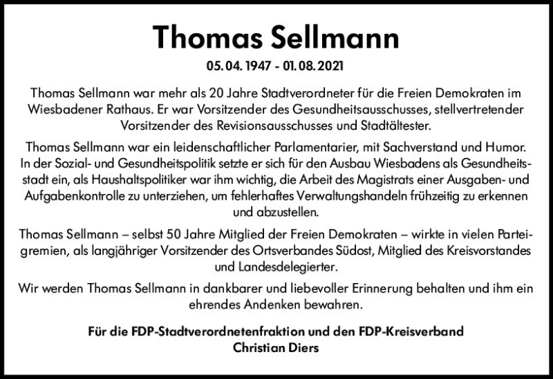  Traueranzeige für Thomas Sellmann vom 07.08.2021 aus vrm-trauer