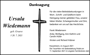 Traueranzeige von Ursula Wiedemann von vrm-trauer
