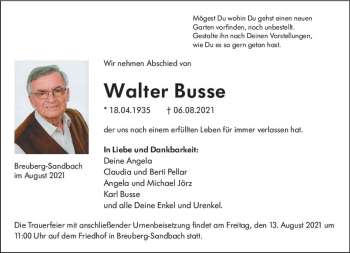 Traueranzeige von Walter Busse von vrm-trauer