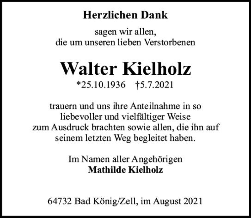  Traueranzeige für Walter Kielholz vom 07.08.2021 aus vrm-trauer