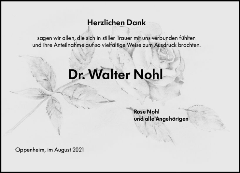 Traueranzeige für Walter Nohl vom 28.08.2021 aus vrm-trauer