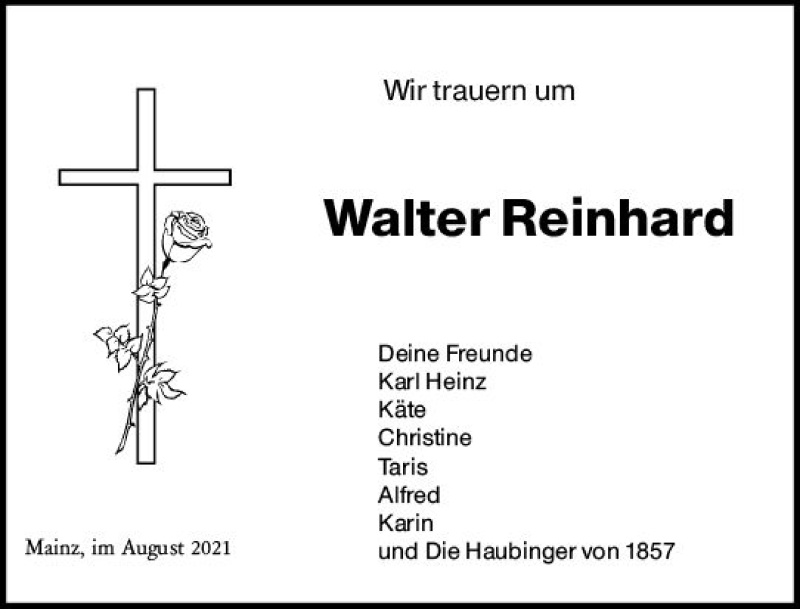  Traueranzeige für Walter Reinhard vom 19.08.2021 aus vrm-trauer
