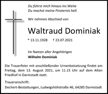 Traueranzeige von Waltraud Dominiak von vrm-trauer