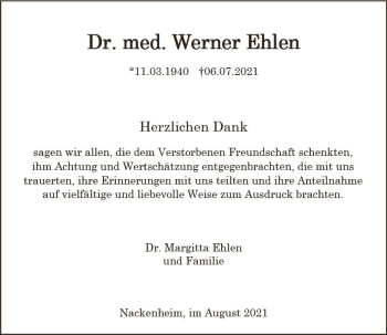 Traueranzeige von Werner Ehlen von vrm-trauer