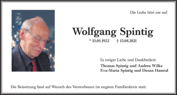 Traueranzeige von Wolfgang Spintig von vrm-trauer