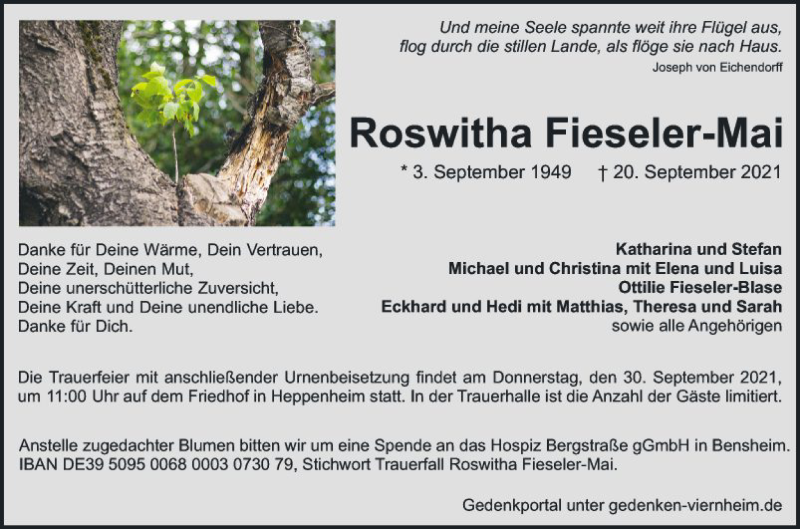  Traueranzeige für Roswitha Fieseler-Mai vom 25.09.2021 aus Starkenburger Echo