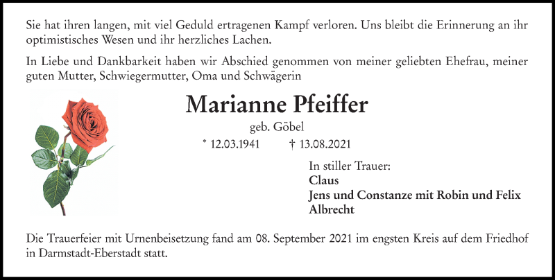  Traueranzeige für Marianne Pfeiffer vom 13.09.2021 aus 