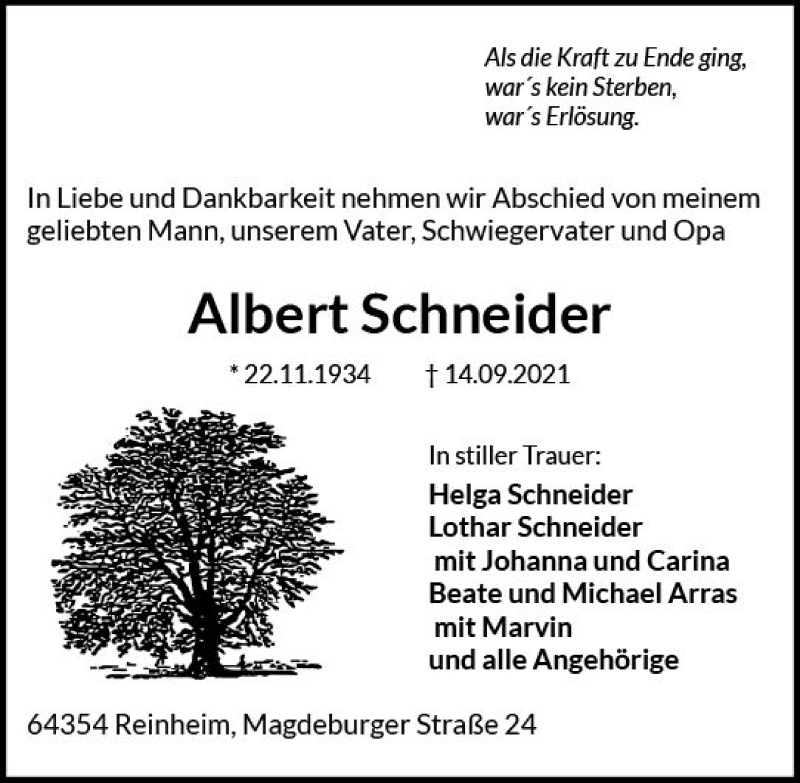  Traueranzeige für Albert Schneider vom 25.09.2021 aus vrm-trauer