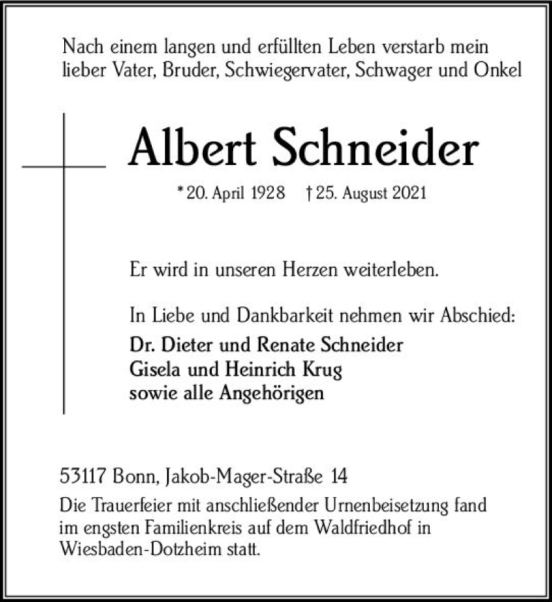  Traueranzeige für Albert Schneider vom 25.09.2021 aus vrm-trauer