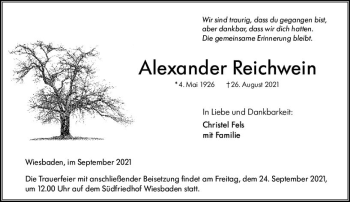 Traueranzeige von Alexander Reichwein von vrm-trauer